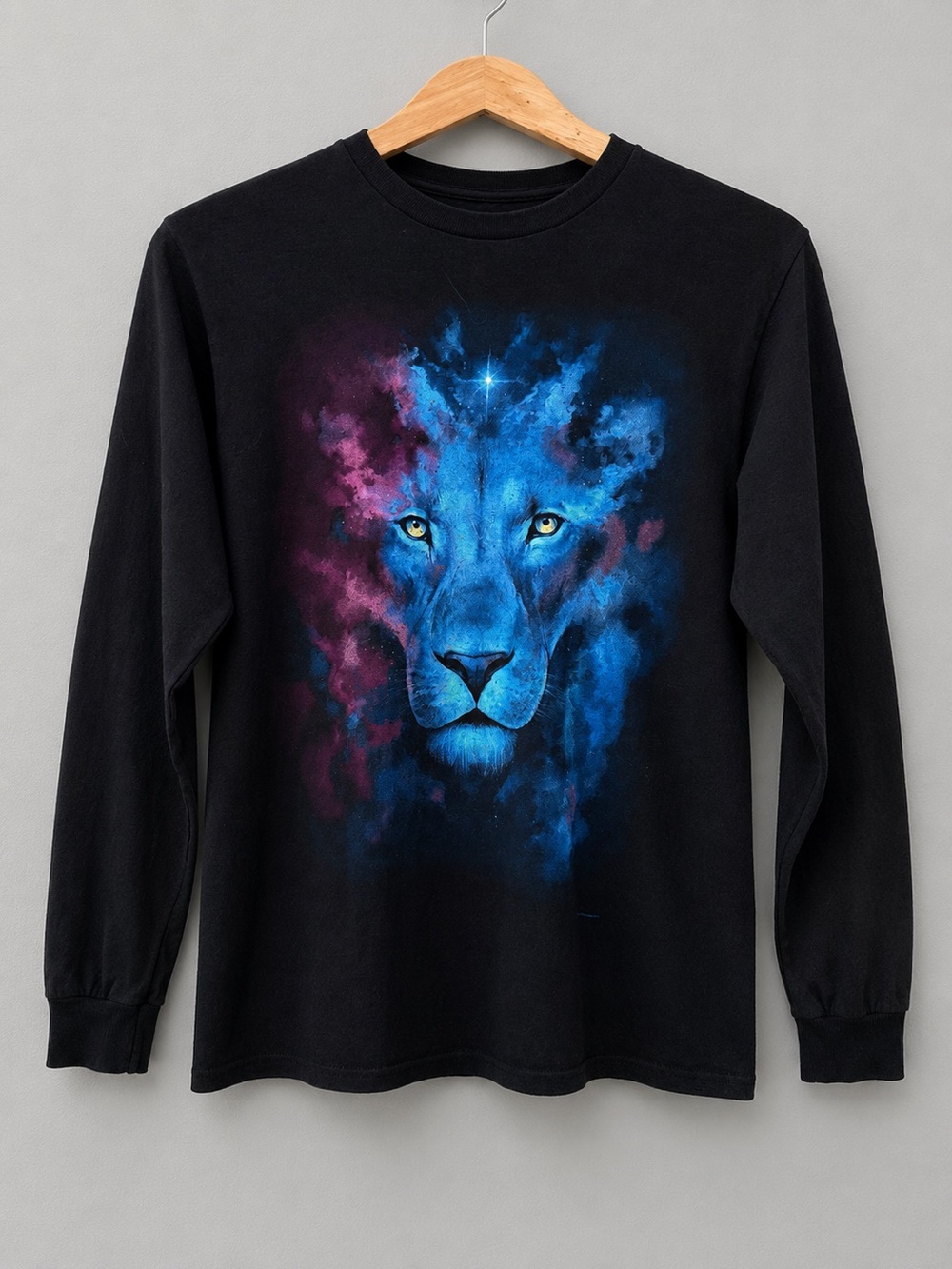 Delta Pro Weight Youth L Black Long Sleeve Cosmic Galaxy Lion Graphic Shirt